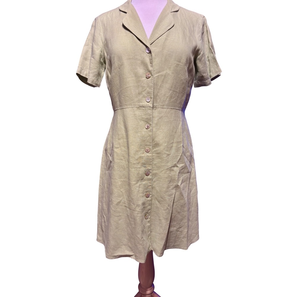 Vintage Carol Anderson Linen Shirt Dress Women S Green Button Front Short Sleeve